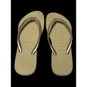 Havaianas Slim Glitter Flip Flops Sand Grey Gold Sparkle Sandals Kids 2Y